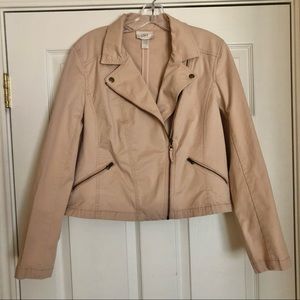 Loft blush bomber jacket with zippered pockets, offset zip front & snap lapels.